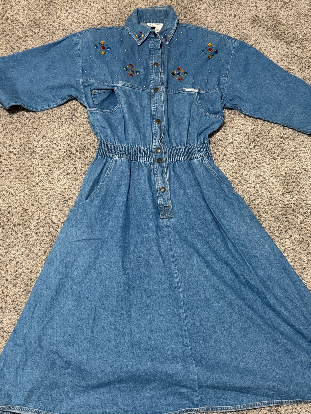 Beaded Blue Denim Long-Sleeve Shirt Dress